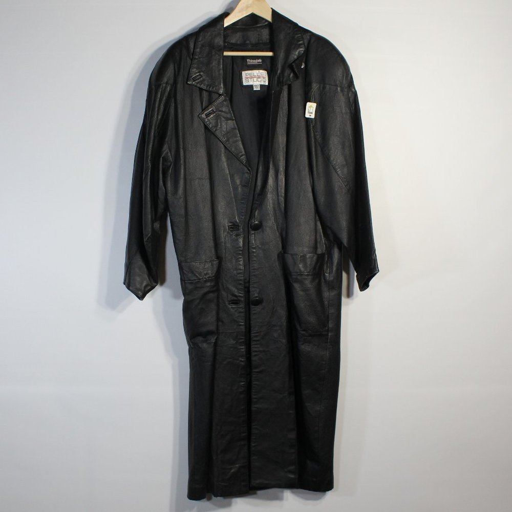 PELLE STUDIO Black Leather Jacket Women's | Size Medium | Trench Coat | Overcoat